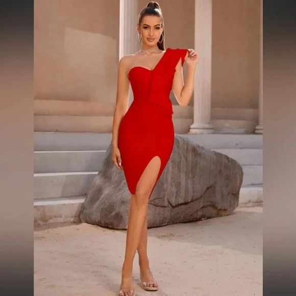 ADYCE One Shoulder Exaggerated Ruffle Trim Split Thigh Hem Bandage Dress - Picture 1 of 6